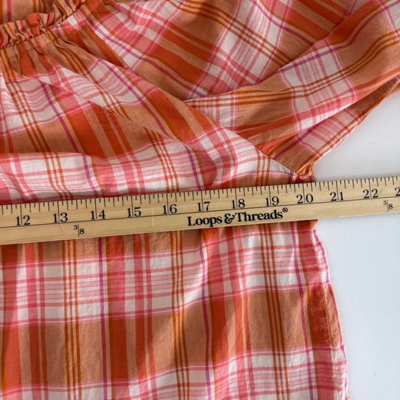 J.Crew Plaid Peasant Top 100% Cotton Ruffle Orange Pink Med Cottagecore Prairie - Picture 13 of 14